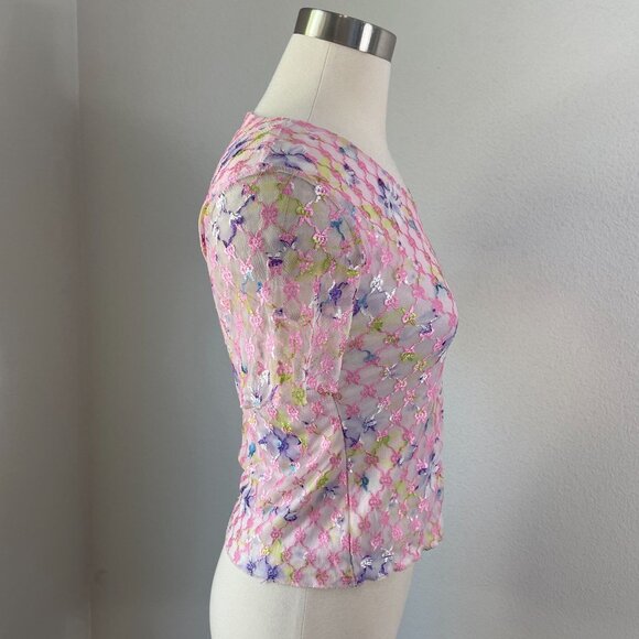 Y2K Womens XS Floral Mesh Short Sleeve V Neck Top Stretch Shirt Fairy Romantic - Picture 3 of 9